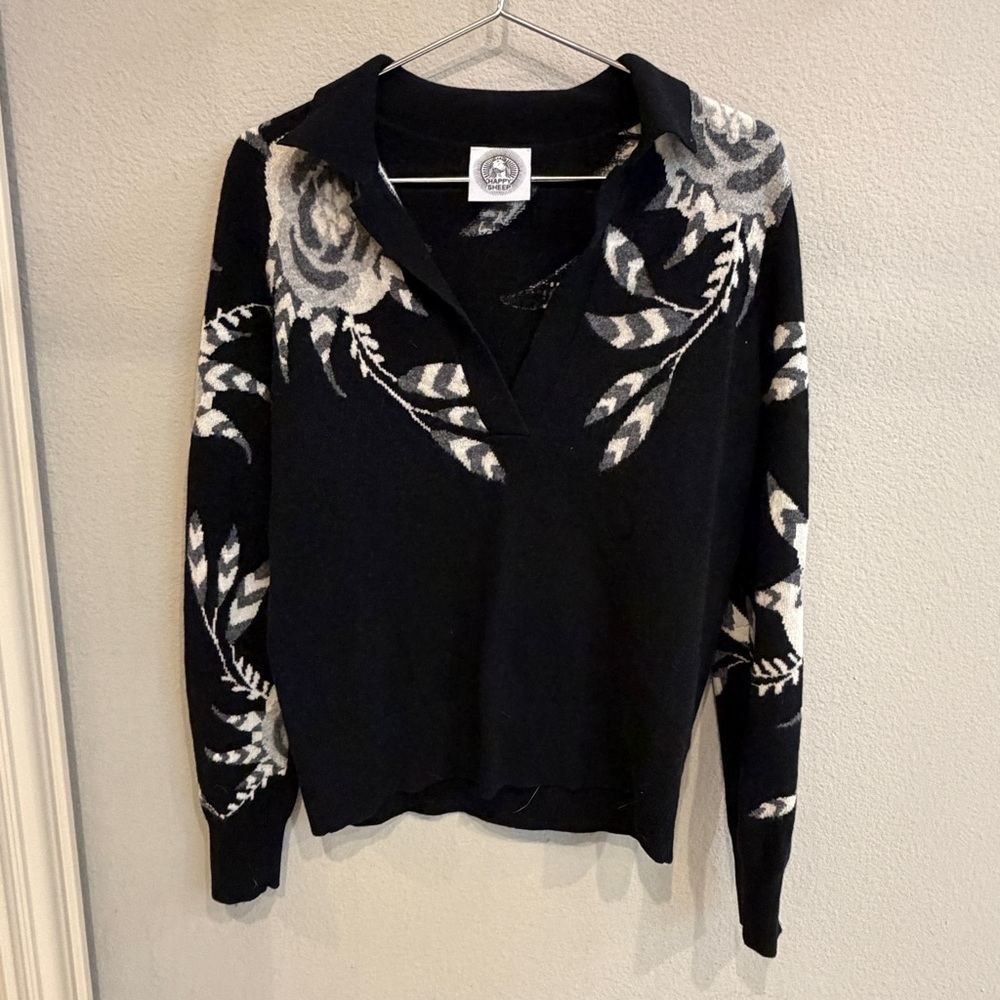 Black and Gray Floral Collared Turtleneck Sweater